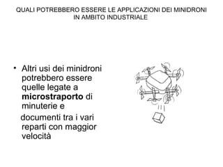 QUALI POTREBBERO ESSERE LE APPLICAZIONI DEI MINIDRONI
IN AMBITO INDUSTRIALE
• Altri usi dei minidroni
potrebbero essere
quelle legate a
microstraporto di
minuterie e
documenti tra i vari
reparti con maggior
velocità
 