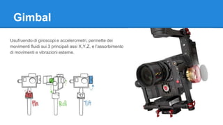 Gimbal 
Usufruendo di giroscopi e accelerometri, permette dei 
movimenti fluidi sui 3 principali assi X,Y,Z, e l’assorbimento 
di movimenti e vibrazioni esterne. 
 