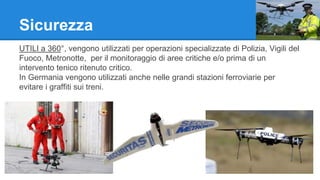 Sicurezza 
UTILI a 360°, vengono utilizzati per operazioni specializzate di Polizia, Vigili del 
Fuoco, Metronotte, per il monitoraggio di aree critiche e/o prima di un 
intervento tenico ritenuto critico. 
In Germania vengono utilizzati anche nelle grandi stazioni ferroviarie per 
evitare i graffiti sui treni. 
 