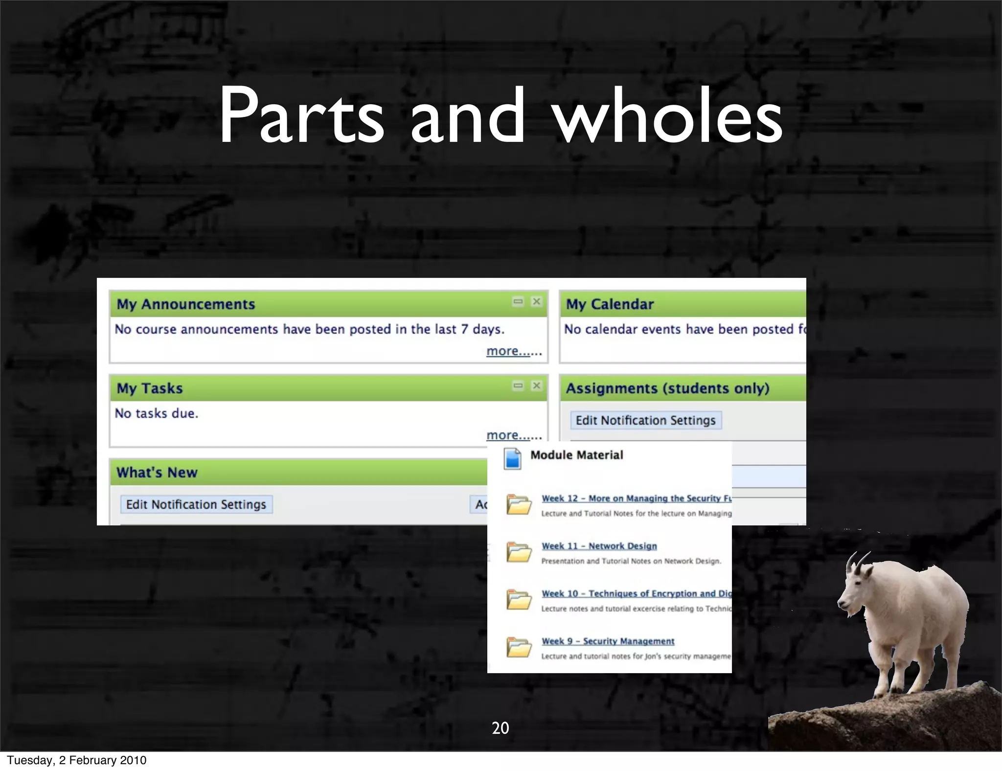 Parts and wholes




                                  20
Tuesday, 2 February 2010
 