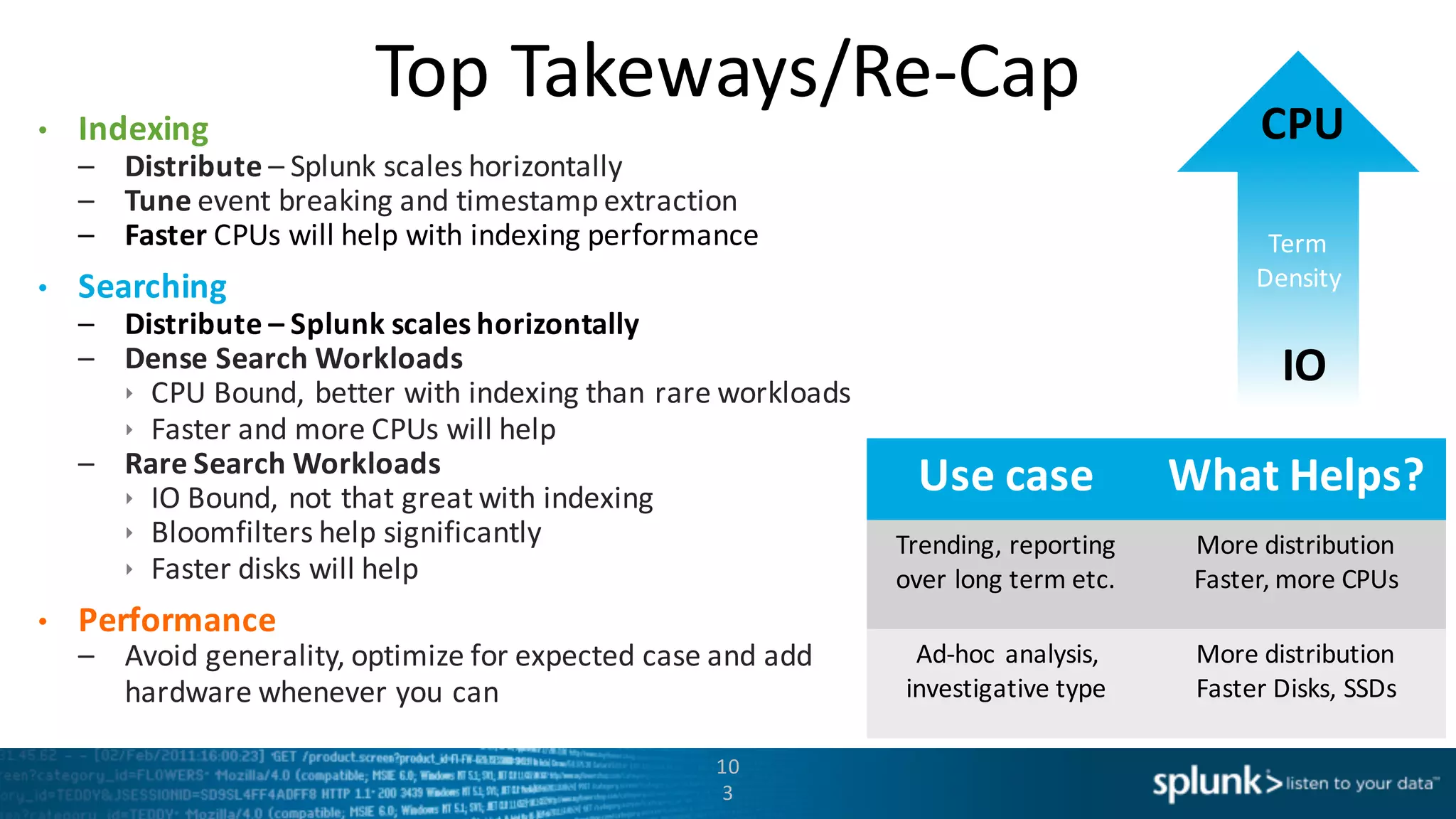 Top	
  Takeways/Re-­‐Cap
10
3
• Indexing	
  
– Distribute	
  – Splunk	
  scales	
  horizontally
– Tune	
  event	
  breaking	
  and	
  timestamp	
  extraction	
  
– Faster CPUs	
  will	
  help	
  with	
  indexing	
  performance
• Searching
– Distribute	
  – Splunk	
  scales	
  horizontally	
  
– Dense	
  Search	
  Workloads
ê CPU	
  Bound,	
  better	
  with	
  indexing	
  than	
  rare	
  workloads
ê Faster	
  and	
  more	
  CPUs	
  will	
  help
– Rare	
  Search	
  Workloads
ê IO	
  Bound,	
  not	
  that	
  great	
  with	
  indexing	
  
ê Bloomfilters help	
  significantly
ê Faster	
  disks	
  will	
  help
• Performance
– Avoid	
  generality,	
  optimize	
  for	
  expected	
  case	
  and	
  add	
  
hardware	
  whenever	
  you	
  can
Term	
  
Density
CPU
IO
Use	
  case	
   What	
  Helps?
Trending,	
  reporting	
  
over long	
  term	
  etc.
More	
  distribution	
  
Faster,	
  more	
  CPUs
Ad-­‐hoc	
  analysis,
investigative	
  type	
  
More	
  distribution
Faster Disks,	
  SSDs
 
