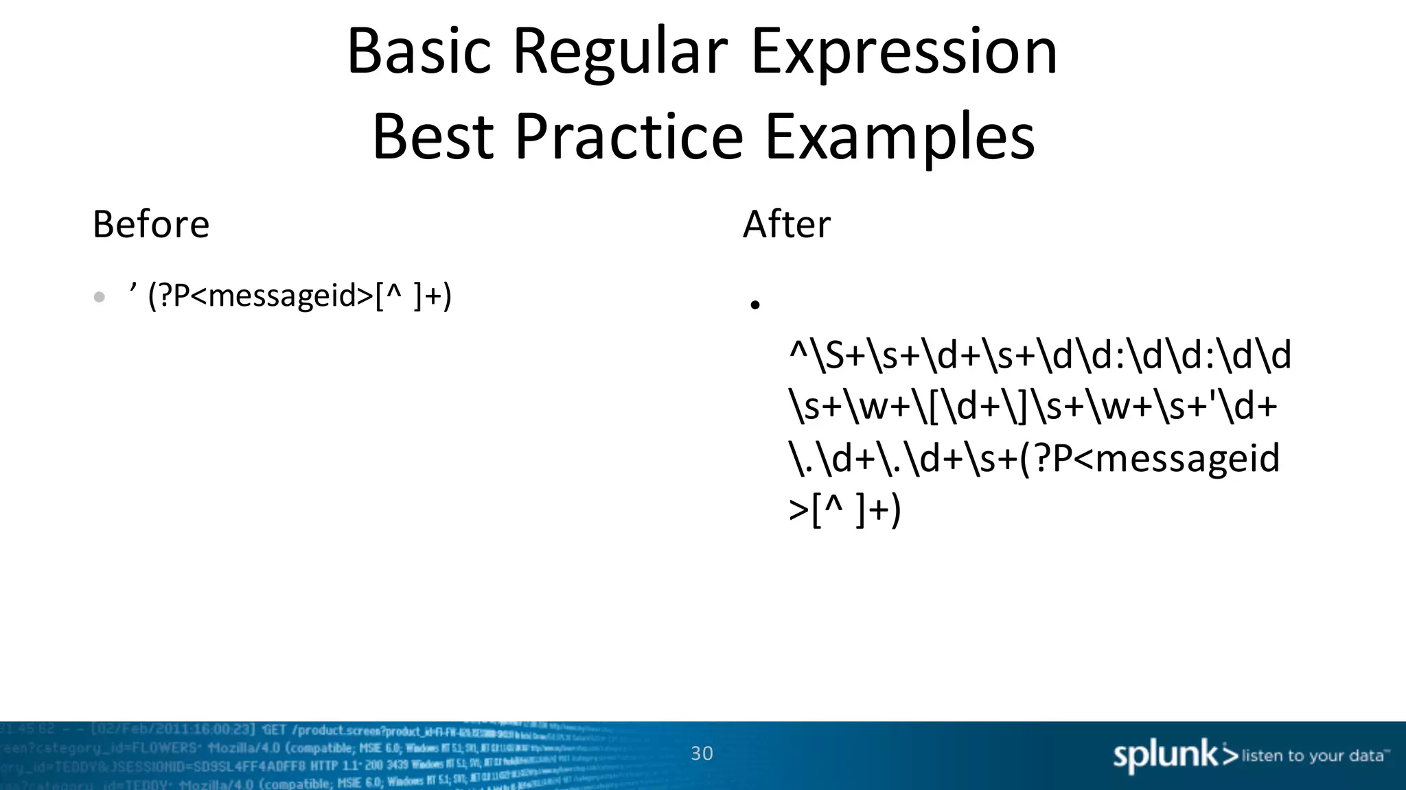 Basic Regular	
  Expression	
  
Best	
  Practice	
  Examples
AfterBefore
• ’	
  (?P<messageid>[^	
  ]+) •
^S+s+d+s+dd:dd:dd
s+w+[d+]s+w+s+'d+
.d+.d+s+(?P<messageid
>[^	
  ]+)
30
 
