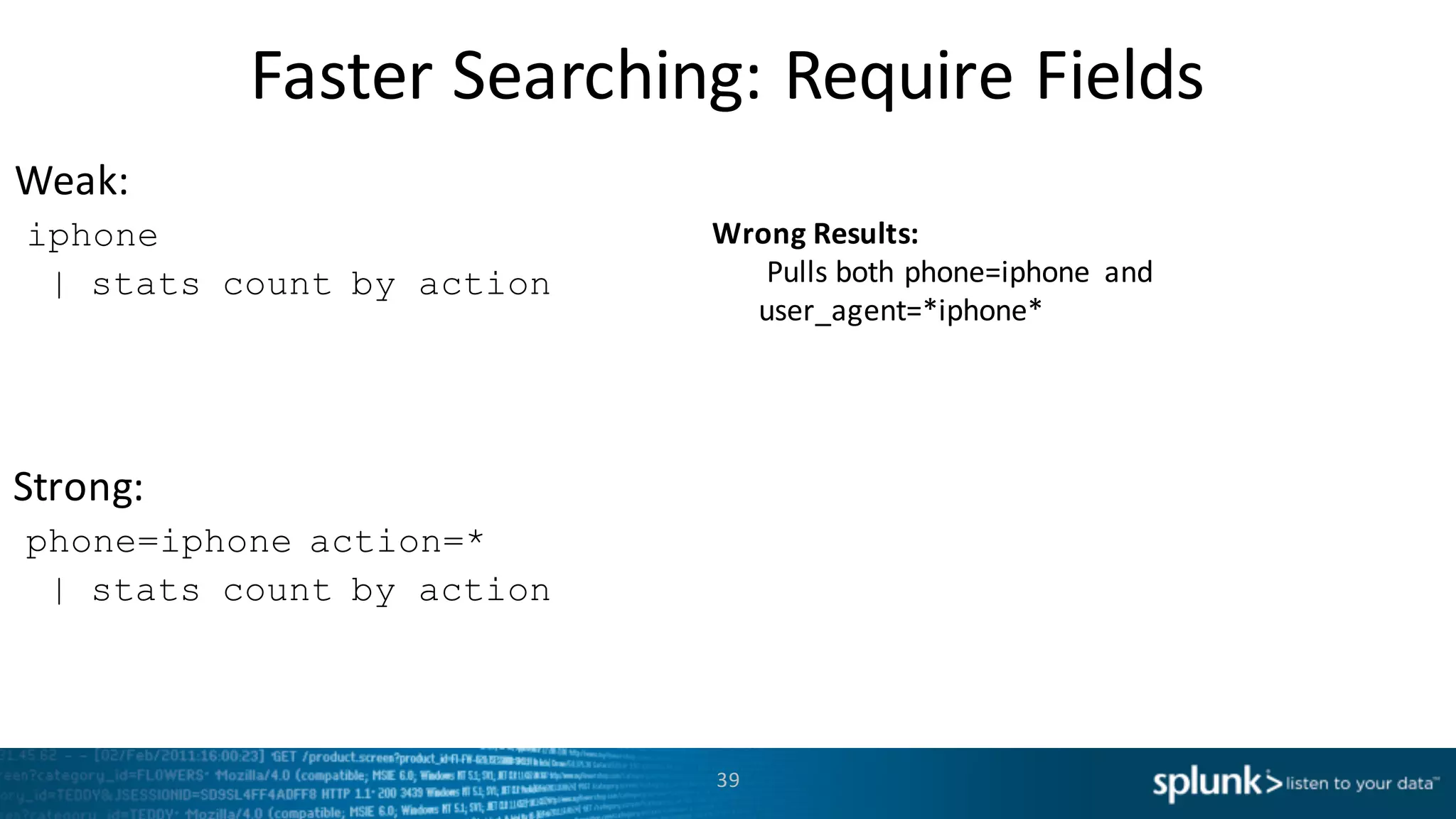 Weak:
Strong:
Faster	
  Searching:	
  Require	
  Fields
39
iphone
| stats count by action
phone=iphone action=*
| stats count by action
Wrong	
  Results:
Pulls	
  both	
  phone=iphone and	
  
user_agent=*iphone*
 