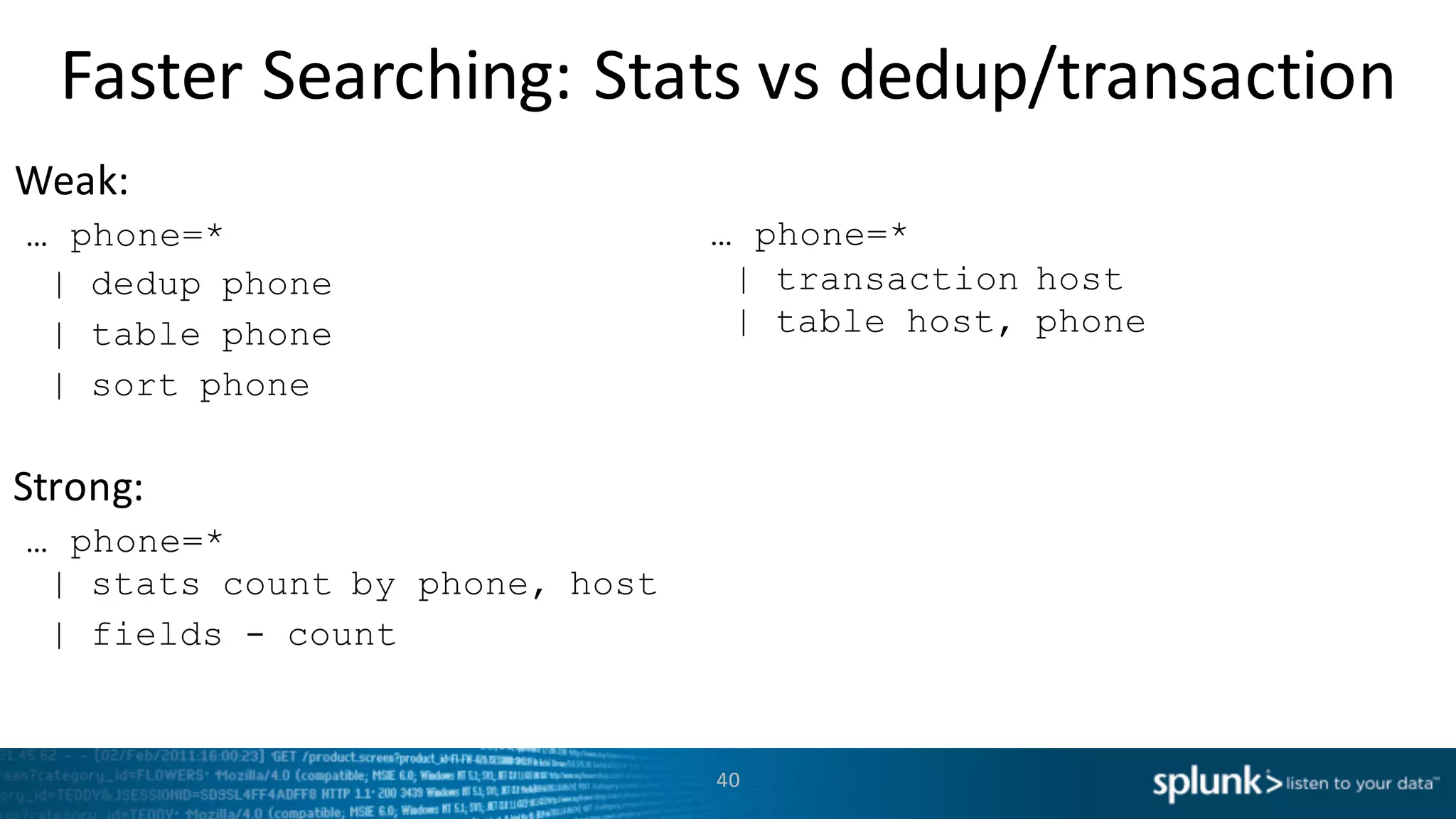 Weak:
Strong:
Faster	
  Searching:	
  Stats	
  vs	
  dedup/transaction
40
… phone=*
| dedup phone
| table phone
| sort phone
… phone=*
| stats count by phone, host
| fields - count
… phone=*
| transaction host
| table host, phone
 