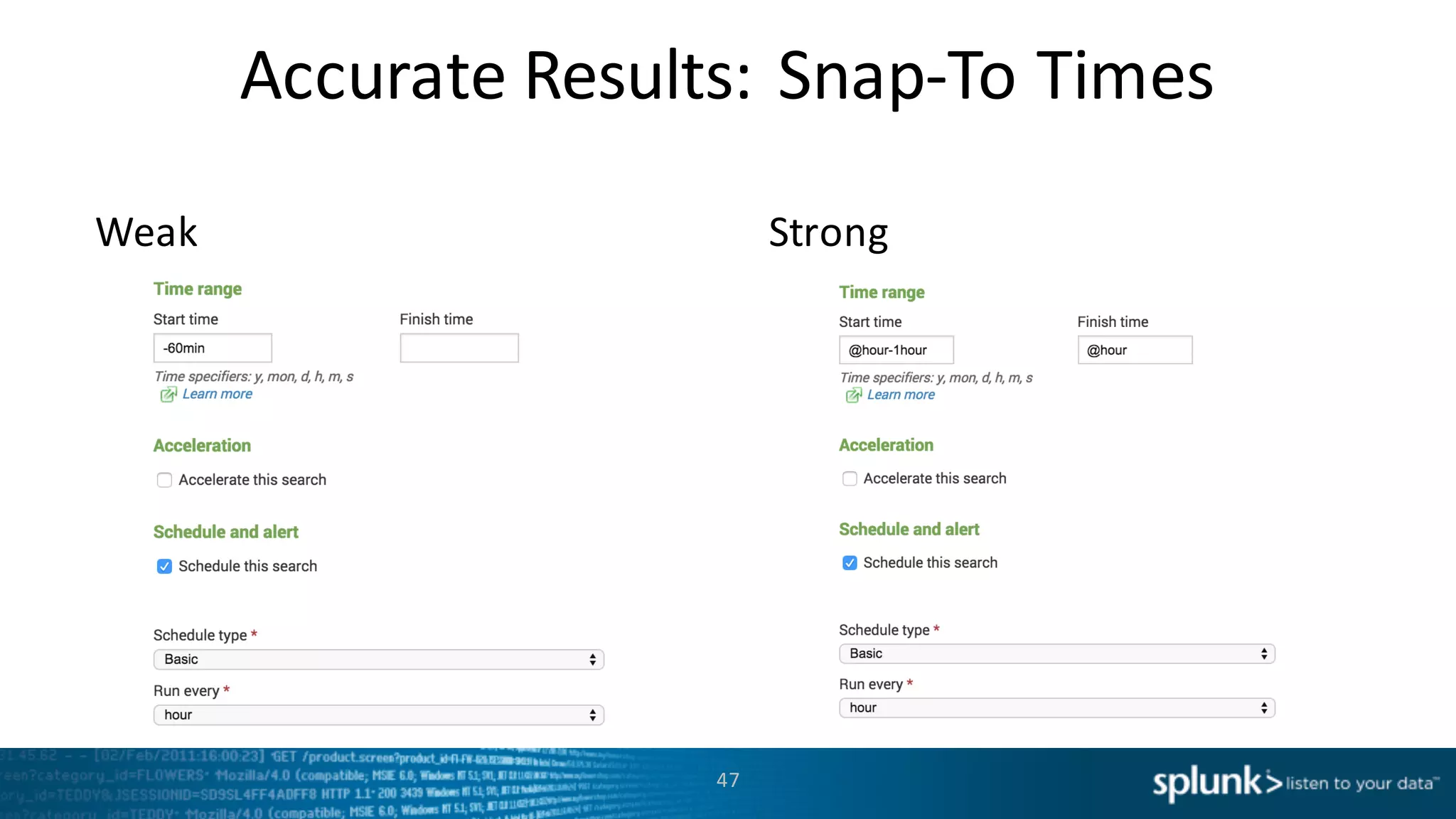 Accurate	
  Results:	
  Snap-­‐To	
  Times
StrongWeak
47
 