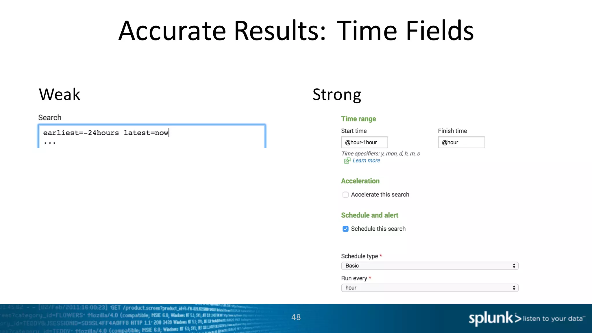 Accurate	
  Results:	
  Time	
  Fields
StrongWeak
48
 