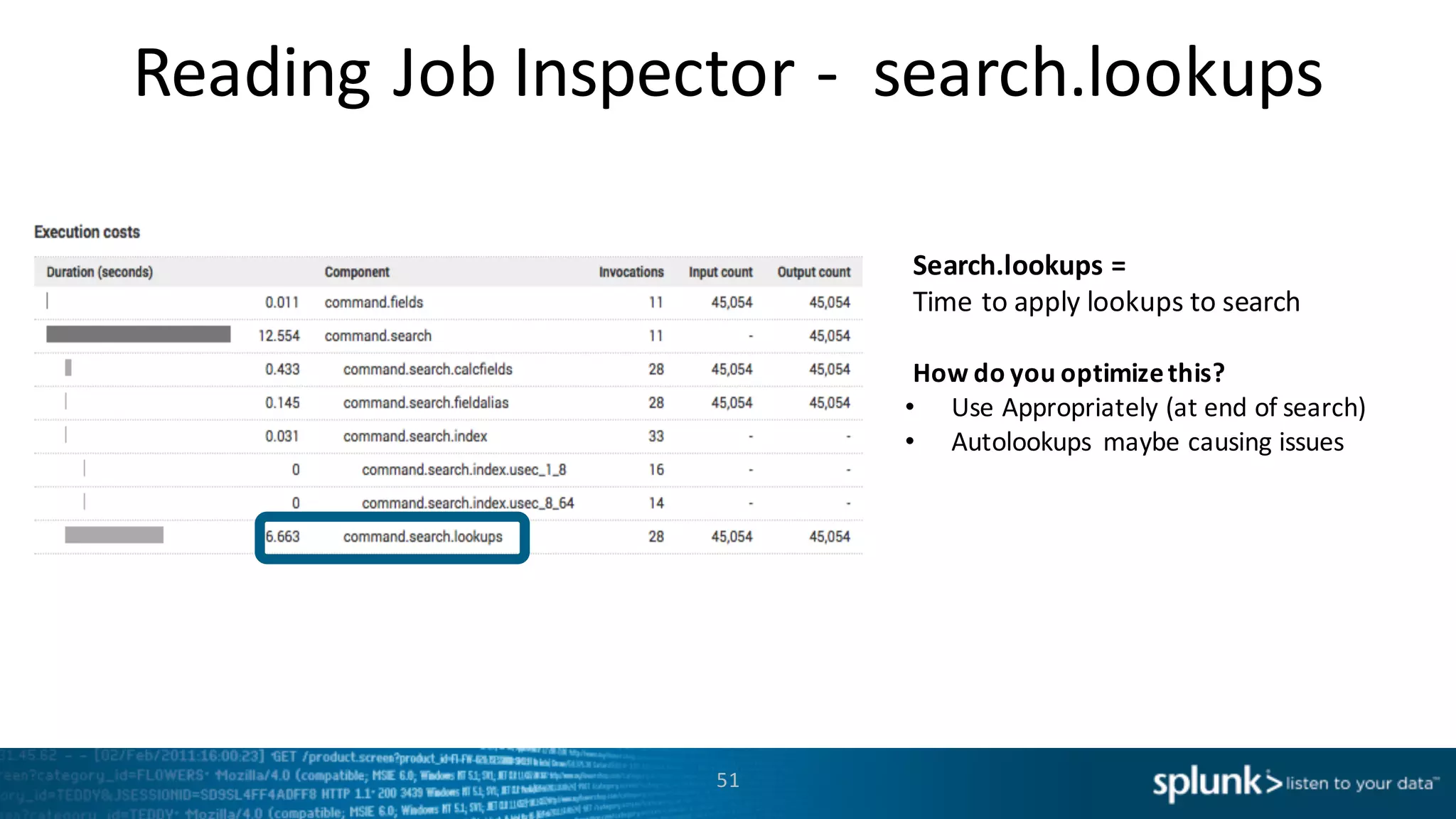 Reading	
  Job	
  Inspector	
  -­‐ search.lookups
51
Search.lookups =	
  
Time	
  to	
  apply	
  lookups	
  to	
  search
How	
  do	
  you	
  optimize	
  this?
• Use	
  Appropriately	
  (at	
  end	
  of	
  search)
• Autolookups maybe	
  causing	
  issues
 