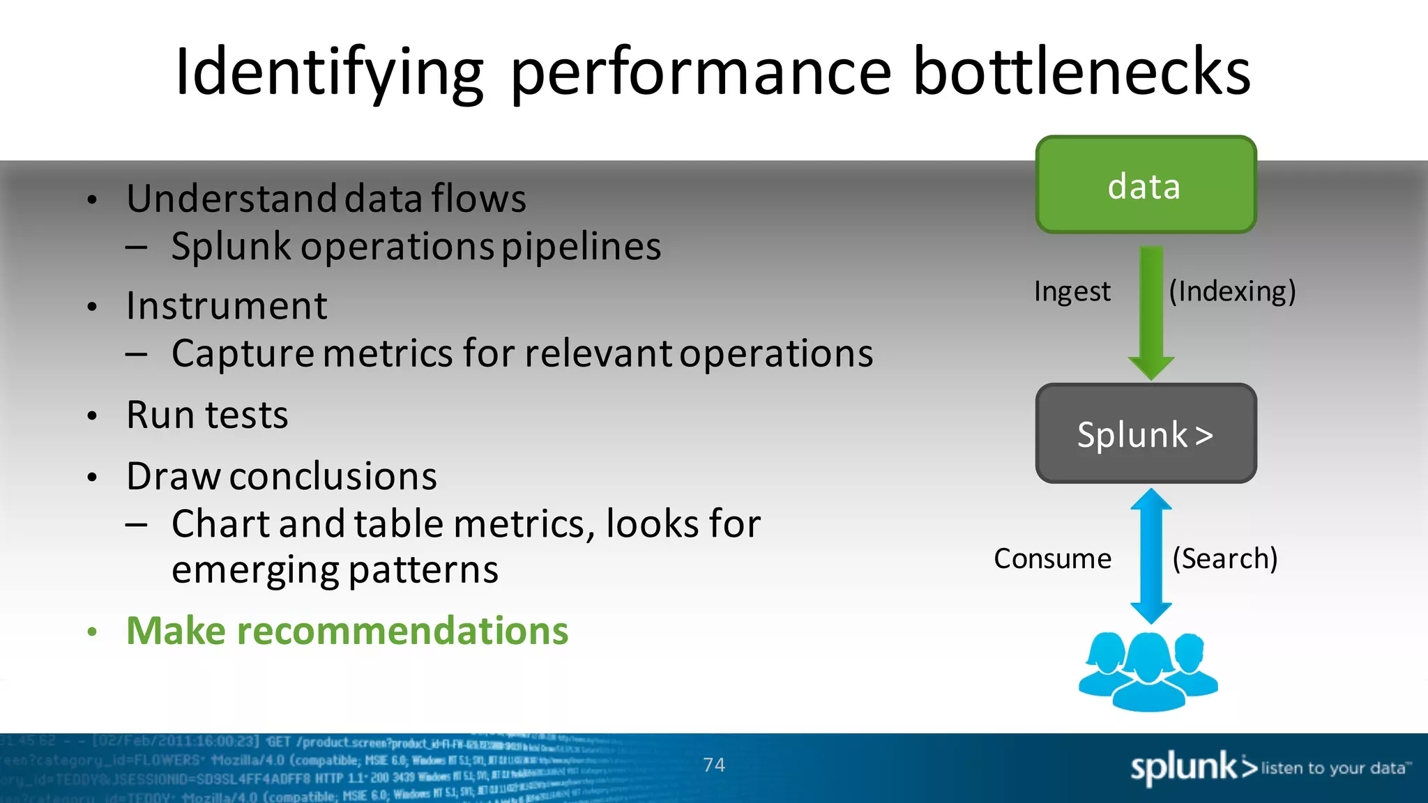 Identifying	
  performance	
  bottlenecks
• Understand	
  data	
  flows	
  
– Splunk	
  operations	
  pipelines
• Instrument
– Capture	
  metrics	
  for	
  relevant	
  operations	
  	
  
• Run	
  tests
• Draw	
  conclusions
– Chart	
  and	
  table	
  metrics,	
  looks	
  for	
  
emerging	
  patterns	
  
• Make	
  recommendations	
  
74
Splunk	
  >
data
Ingest	
  	
  	
  	
  	
  	
  	
  	
  (Indexing)	
  	
  
Consume	
  	
  	
  	
  	
  	
  	
  	
  (Search)
 