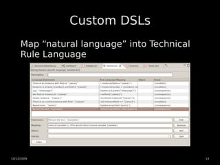Custom DSLs
     Map “natural language” into Technical
     Rule Language




10/12/2009                                   14
 