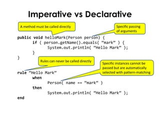 Imperative vs Declarative
 A method must be called directly                         Specific passing
                                                          of arguments
public void helloMark(Person person) {
       if ( person.getName().equals( “mark” ) {
              System.out.println( “Hello Mark” );
       }
}
             Rules can never be called directly
                                                  Specific instances cannot be
                                                  passed but are automatically
rule “Hello Mark”                                 selected with pattern-matching
       when
             Person( name == “mark” )
       then
             System.out.println( “Hello Mark” );
end
 