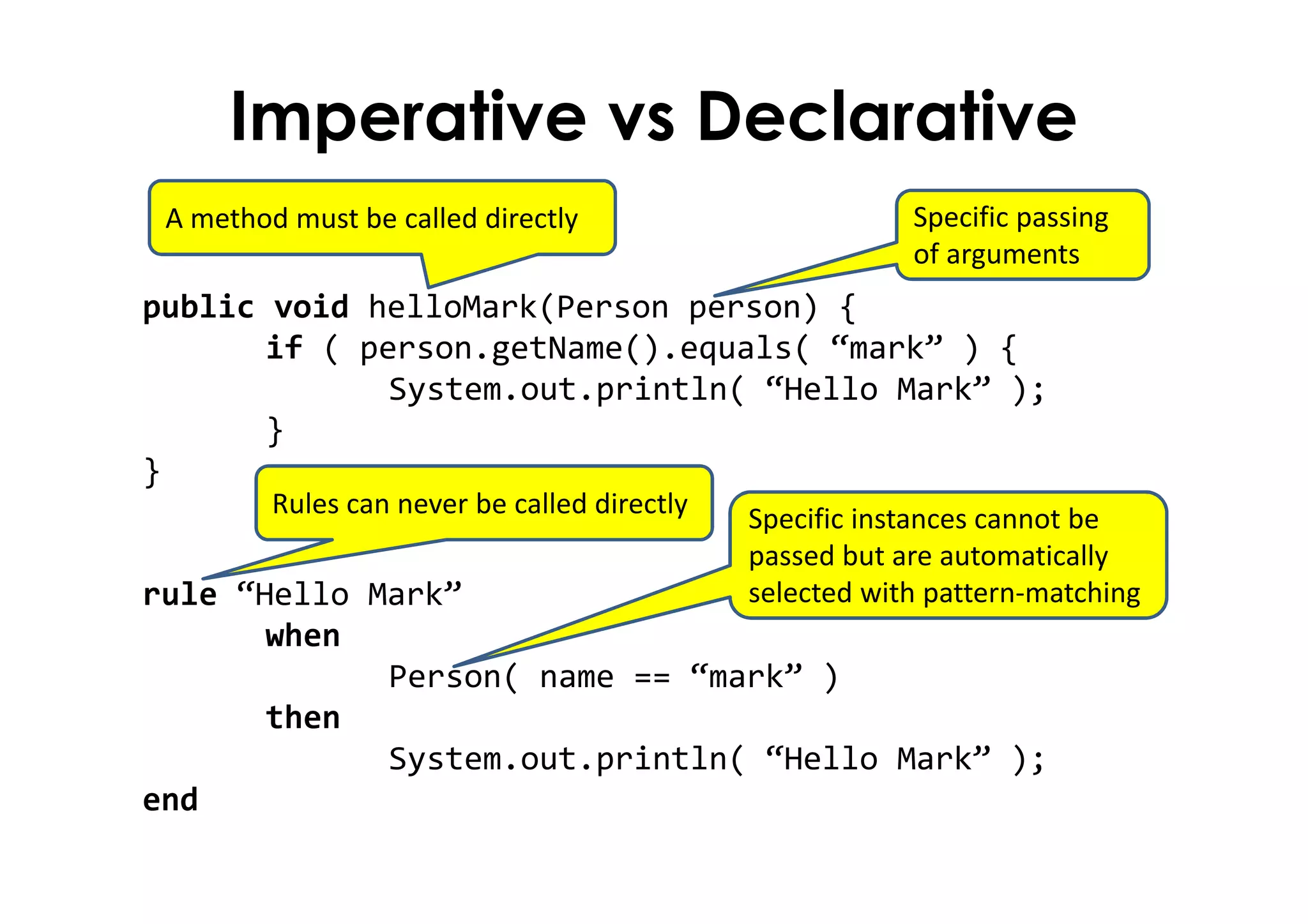 Imperative vs Declarative
public void helloMark(Person person) {
if ( person.getName().equals( “mark” ) {
System.out.println( “Hello Mark” );
}
}
rule “Hello Mark”
when
Person( name == “mark” )
then
System.out.println( “Hello Mark” );
end
A method must be called directly Specific passing
of arguments
Rules can never be called directly Specific instances cannot be
passed but are automatically
selected with pattern-matching
 