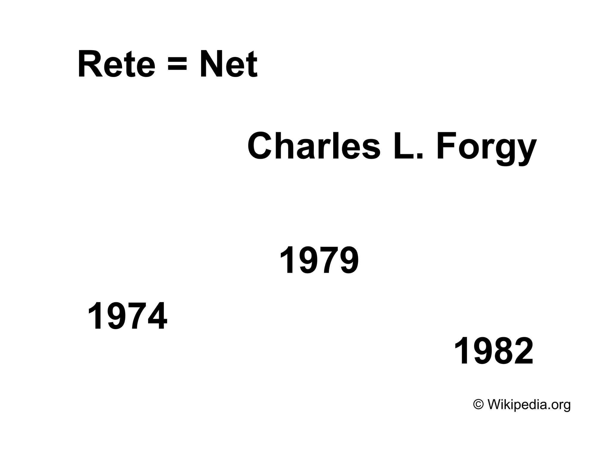 Rete = Net

         Charles L. Forgy


             1979
1974
                    1982
                     © Wikipedia.org
 