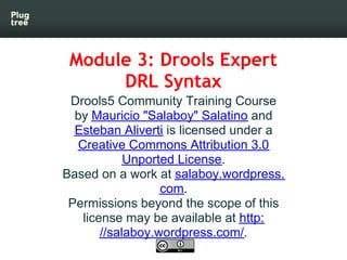 Module 3: Drools Expert 
      DRL Syntax
 Drools5 Community Training Course
  by Mauricio "Salaboy" Salatino and
  Esteban Aliverti is licensed under a
  Creative Commons Attribution 3.0
            Unported License.
Based on a work at salaboy.wordpress.
                  com.
 Permissions beyond the scope of this
   license may be available at http:
       //salaboy.wordpress.com/.
 
