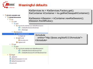 Definingmultiplenamed
Kiebasesand KieSessions
<kmodule xmlns:xsi="http://www.w3.org/2001/XMLSchema-instance"
xmlns="http:/...
