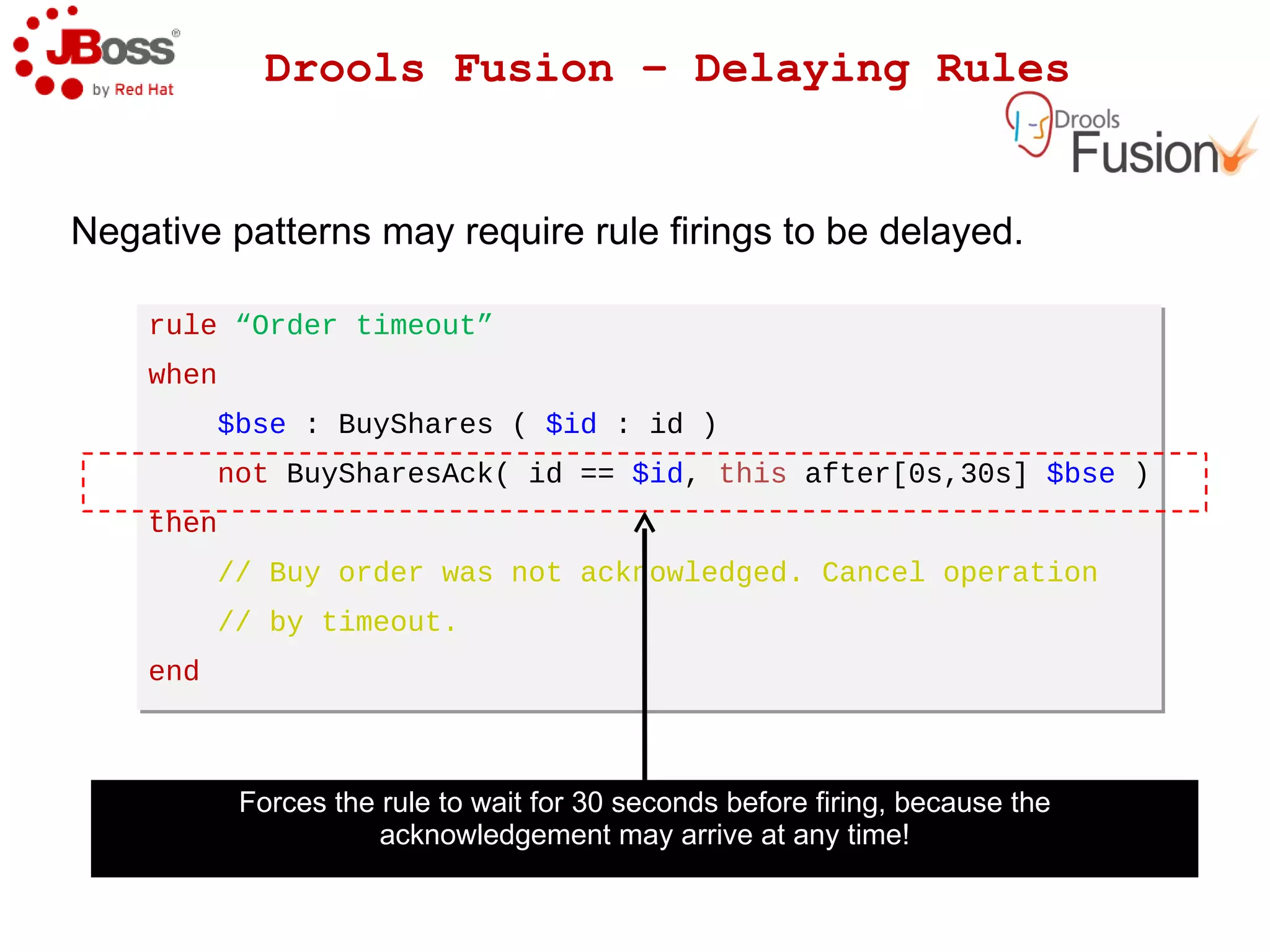 Drools Expert at a glance – Timers and Calendars Calendars Using Timers and Calendars together Execute now and after  1 hour duration on week days Execute now and after  4 hour duration on weekend days 
