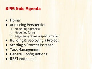 BPM Side Agenda
● Home
● Authoring Perspective
○ Modelling a process
○ Modelling forms
○ Registering Domain Specific Tasks...