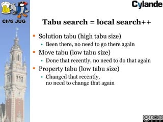 Ch’ti JUG      Tabu search = local search++
             Solution tabu (high tabu size)
              • Been there, no ne...