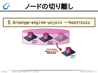 ノードの切り離し 
% droonga-engine-unjoin --host=cccc 
Droonga - 　　 分散Groongaで 快適レプリケーション生活Powered by Rabbit 2.1.3 
 