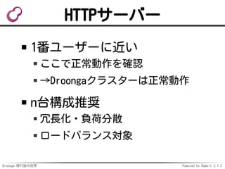 Droonga 移行後の世界 Powered by Rabbit 2.1.2
HTTPサーバー
1番ユーザーに近い
ここで正常動作を確認
→Droongaクラスターは正常動作
n台構成推奨
冗長化・負荷分散
ロードバランス対象
 