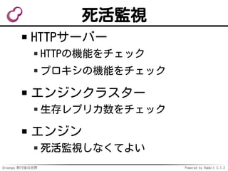 Droonga 移行後の世界 Powered by Rabbit 2.1.2
死活監視
HTTPサーバー
HTTPの機能をチェック
プロキシの機能をチェック
エンジンクラスター
生存レプリカ数をチェック
エンジン
死活監視しなくてよい
 