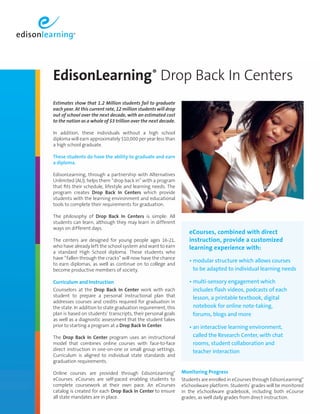EdisonLearning® Drop Back In Centers 
Estimates show that 1.2 Million students fail to graduate 
each year. At this current rate, 12 million students will drop 
out of school over the next decade, with an estimated cost 
to the nation as a whole of $3 trillion over the next decade. 
In addition, these individuals without a high school 
diploma will earn approximately $10,000 per year less than 
a high school graduate. 
These students do have the ability to graduate and earn 
a diploma. 
EdisonLearning, through a partnership with Alternatives 
Unlimited (AU), helps them “drop back in” with a program 
that fits their schedule, lifestyle and learning needs. The 
program creates Drop Back In Centers which provide 
students with the learning environment and educational 
tools to complete their requirements for graduation. 
The philosophy of Drop Back In Centers is simple: All 
students can learn, although they may learn in different 
ways on different days. 
The centers are designed for young people ages 16-21, 
who have already left the school system and want to earn 
a standard High School diploma. These students who 
have “fallen through the cracks” will now have the chance 
to earn diplomas, as well as continue on to college and 
become productive members of society. 
Curriculum and Instruction 
Counselors at the Drop Back In Center work with each 
student to prepare a personal instructional plan that 
addresses courses and credits required for graduation in 
the state. In addition to state graduation requirement, this 
plan is based on students’ transcripts, their personal goals 
as well as a diagnostic assessment that the student takes 
prior to starting a program at a Drop Back In Center. 
The Drop Back In Center p rogram u ses a n i nstructional 
model that combines online courses with face-to-face 
direct instruction in one-on-one or small group settings. 
Curriculum is aligned to individual state standards and 
graduation requirements. 
Online courses are provided through EdisonLearning® 
eCourses. eCourses are self-paced enabling students to 
complete coursework at their own pace. An eCourses 
catalog is created for each Drop Back In Center to ensure 
all state mandates are in place. 
eCourses, combined with direct 
instruction, provide a customized 
learning experience with: 
• modular structure which allows courses 
to be adapted to individual learning needs 
• multi-sensory engagement which 
includes flash videos, podcasts of each 
lesson, a printable textbook, digital 
notebook for online note-taking, 
forums, blogs and more 
• an interactive learning environment, 
called the Research Center, with chat 
rooms, student collaboration and 
teacher interaction 
Monitoring Progress 
Students are enrolled in eCourses through EdisonLearning® 
eSchoolware platform. Students’ grades will be monitored 
in the eSchoolware gradebook, including both eCourse 
grades, as well daily grades from direct instruction. 
 