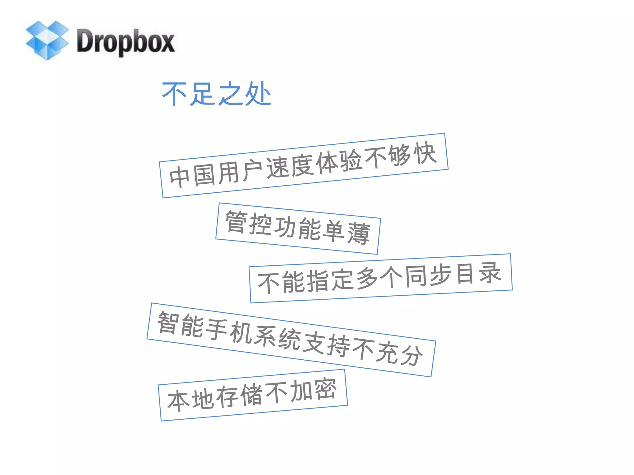 不足之处中国用户速度体验不够快管控功能单薄不能指定多个同步目录智能手机系统支持不充分本地存储不加密