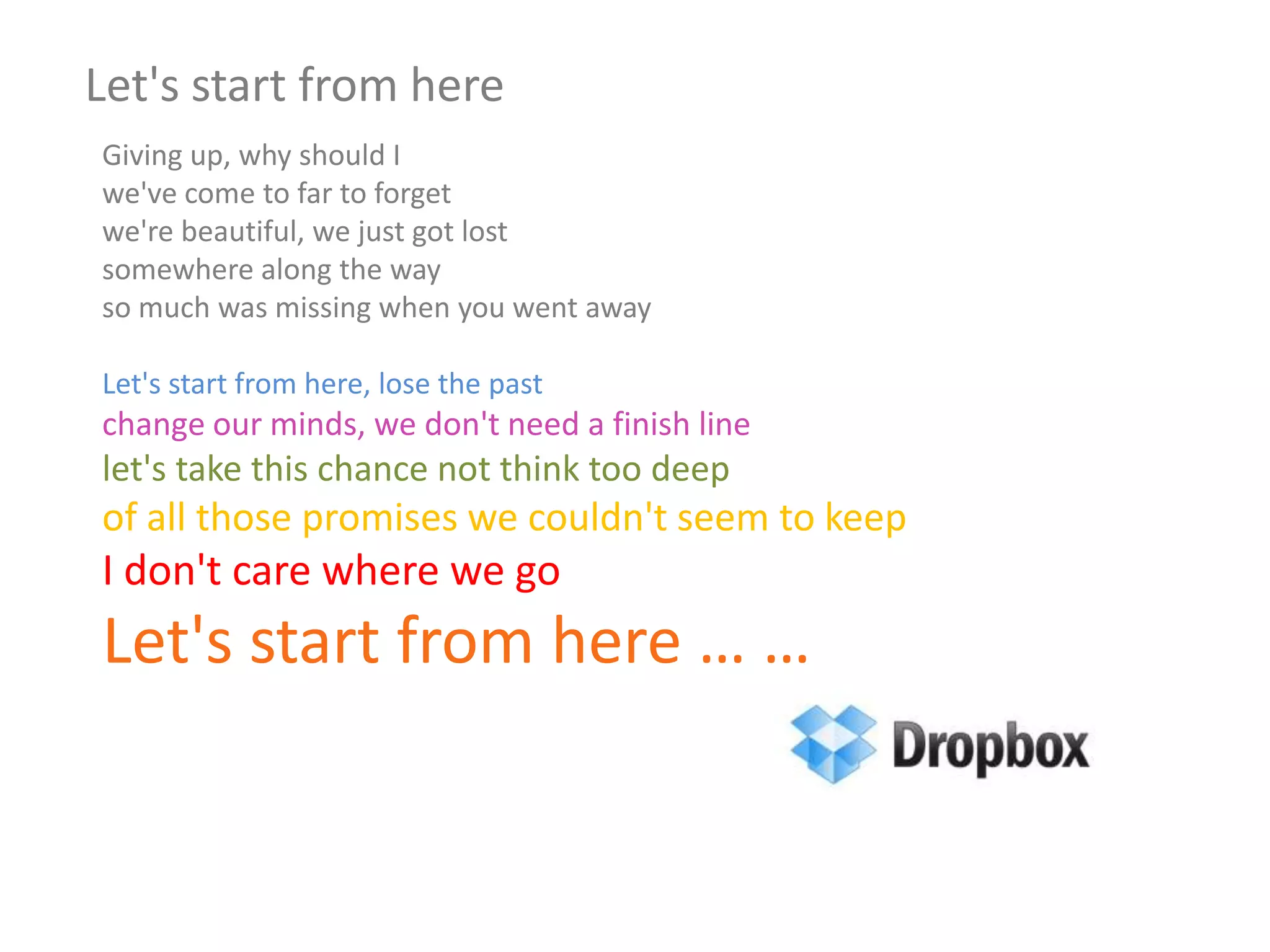 Let's start from hereGiving up, why should I we've come to far to forget we're beautiful, we just got lost somewhere along the way so much was missing when you went away Let's start from here, lose the past change our minds, we don't need a finish line let's take this chance not think too deep of all those promises we couldn't seem to keep I don't care where we go Let's start from here … …