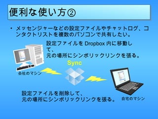 便利な使い方② メッセンジャーなどの設定ファイルやチャットログ、コンタクトリストを複数のパソコンで共有したい。 設定ファイルを Dropbox 内に移動して、 元の場所にシンボリックリンクを張る。 会社のマシン 設定ファイルを削除して、 元の場所にシンボリックリンクを張る。 自宅のマシン Sync 