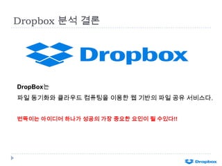 Dropbox 분석 결론

DropBox는
파일 동기화와 클라우드 컴퓨팅을 이용한 웹 기반의 파일 공유 서비스다.
번뜩이는 아이디어 하나가 성공의 가장 중요한 요인이 될 수있다!!

 