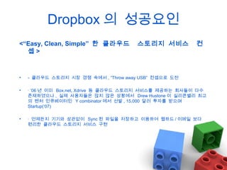 Dropbox 의 성공요인
<“Easy, Clean, Simple” 한 클라우드
셉>

스토리지 서비스

컨

•

- 클라우드 스토리지 시장 경쟁 속에서 , “Throw away USB” 컨셉으로 도전

•

· ‘06 년 이미 Box.net, Xdrive 등 클라우드 스토리지 서비스를 제공하는 회사들이 다수
존재하였으나 , 실제 사용자들은 많지 않은 상황에서 Drew Hustone 이 실리콘밸리 최고
의 벤처 인큐베이터인 Y combinator 에서 선발 , 15,000 달러 투자를 받으며
Startup(‘07)

•

· 언제든지 기기와 상관없이 Sync 된 파일을 저장하고 이용하여 웹하드 / 이메일 보다
편리한 클라우드 스토리지 서비스 구현

 