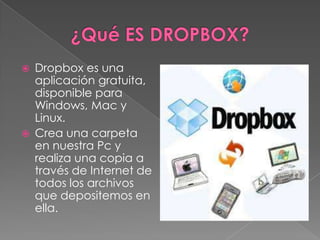 



Dropbox es una
aplicación gratuita,
disponible para
Windows, Mac y
Linux.
Crea una carpeta
en nuestra Pc y
realiza una copia a
través de Internet de
todos los archivos
que depositemos en
ella.

 