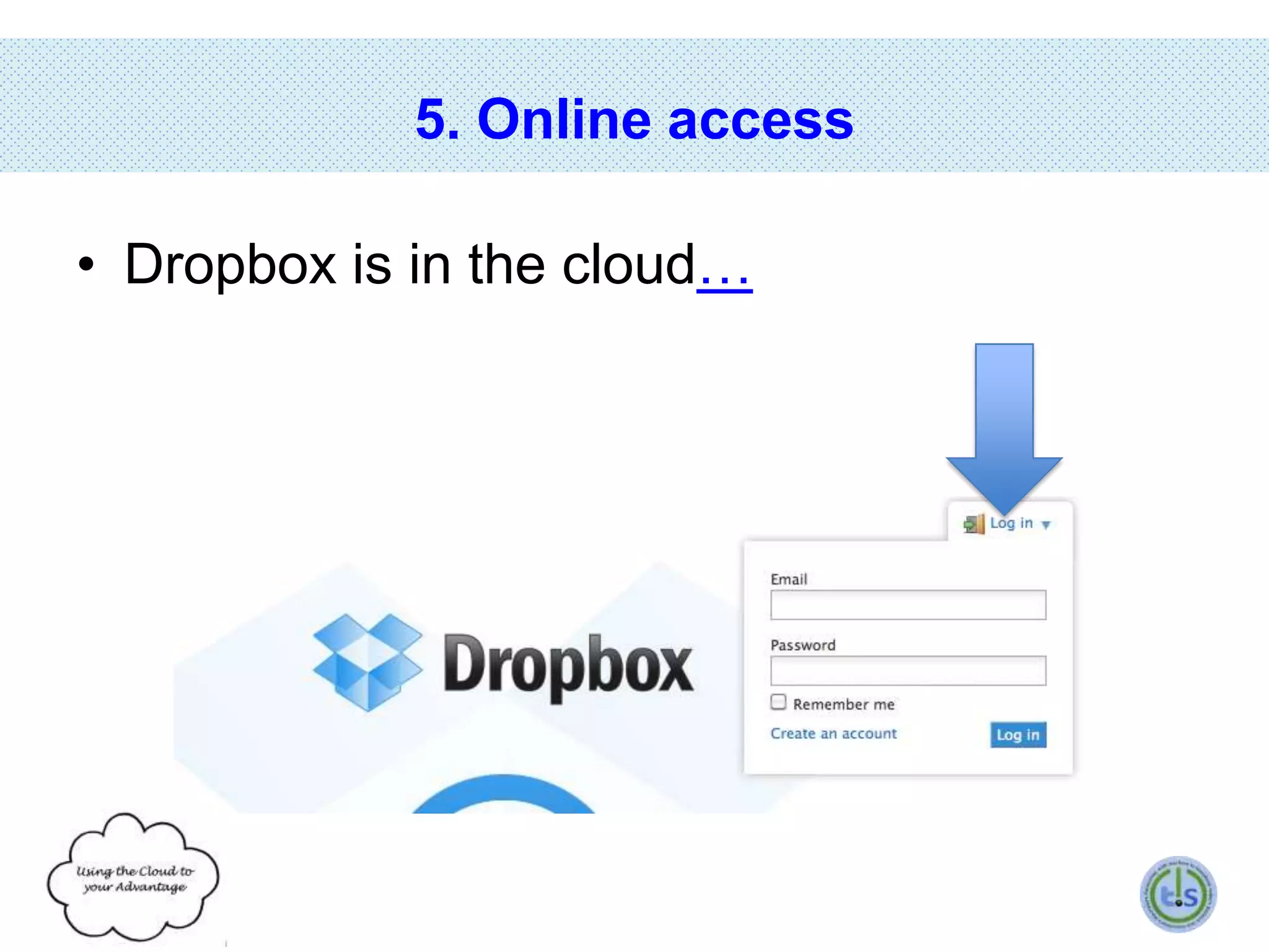 5. Online access
• Dropbox is in the cloud…

 