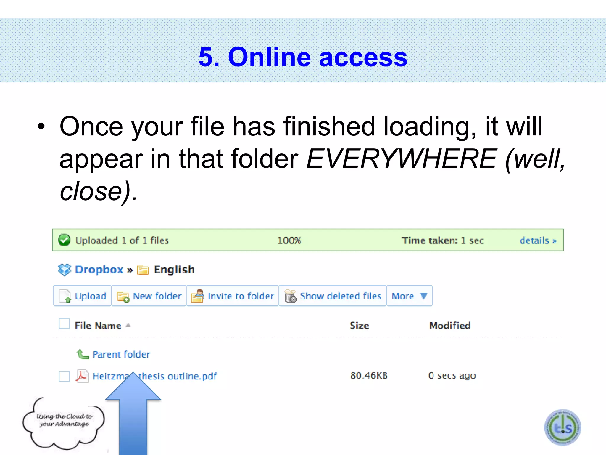 5. Online access
• Once your file has finished loading, it will
appear in that folder EVERYWHERE (well,
close).

 