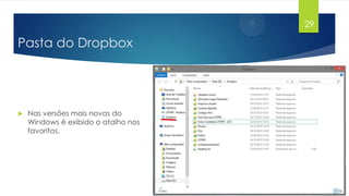 29

Pasta do Dropbox



Nas versões mais novas do
Windows é exibido o atalho nos
favoritos.

 