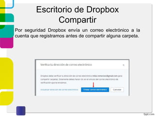 Escritorio de Dropbox
Compartir
5. En la sección “Compartir” puedes ver las carpetas que
sean “compartidas” con otras personas. Al querer
compartir alguna carpeta hay que dar click sobre
“Nueva carpeta compartida”.
 