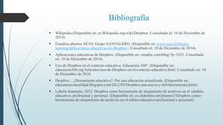 Bibliografía 
 Wikipedia.(Disponible en: es.Wikipedia.org/wiki/Dropbox. Consultado el: 10 de Diciembre de 
2014). 
 Estudios abiertos SEAS. Grupo SANVALERO. (Disponible en: www.seas.es/blog/e-learning/ 
aplicaciones-educativas-de-Dropbox/. Consultado el: 10 de Diciembre de 2014). 
 Aplicaciones educativas de Dropbox. (Disponible en: canaltic.com/blog/?p=1832. Consultado 
en: 10 de Diciembre de 2014). 
 Uso de Dropbox en el contexto educativo. Educación 360°. (Disponible en: 
educacion360.org/Articulos/uso-de-Dropbox-en-el-contexto-educativo.html. Consultado en: 10 
de Diciembre de 2010. 
 Dropbox…¿Herramienta educativa?. Por una educación actualizada. (Disponible en: 
educamosconcalidad.blogspot.com/2012/03/Dropbox-una-nueva-y-útil-herramienta.html). 
 Lebrón Jeannette, 2012. Dropbox como herramienta de alojamiento de archivos en el {ámbito 
educativo, profesional y personal. (Disponible en: es.slideshire.net/jlramos7/Dropbox-como-herramienta- 
de-alojamiento-de-archivos-en-el-mbito-educativo-profesional-y-personal). 
