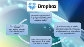 Es un servicio de alojamiento
de archivos multiplataforma en
la nube, operado por la
compañía Dropbox.
El servicio permite a los usuarios
almacenar y sincronizar archivos en
línea y entre ordenadores y compartir
archivos y carpetas con otros usuarios
y con tabletas y móviles.
Existen versiones gratuitas y de
pago, cada una de las cuales
tiene opciones variadas.
La versión móvil está
disponible
para Android, Windows
Phone,Blackberry e iOS
(Apple).