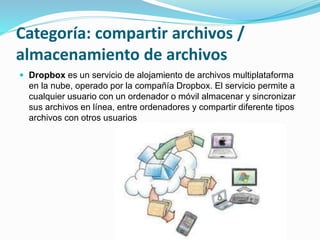 Categoría: compartir archivos /
almacenamiento de archivos
 Dropbox es un servicio de alojamiento de archivos multiplataforma
en la nube, operado por la compañía Dropbox. El servicio permite a
cualquier usuario con un ordenador o móvil almacenar y sincronizar
sus archivos en línea, entre ordenadores y compartir diferente tipos
archivos con otros usuarios
 
