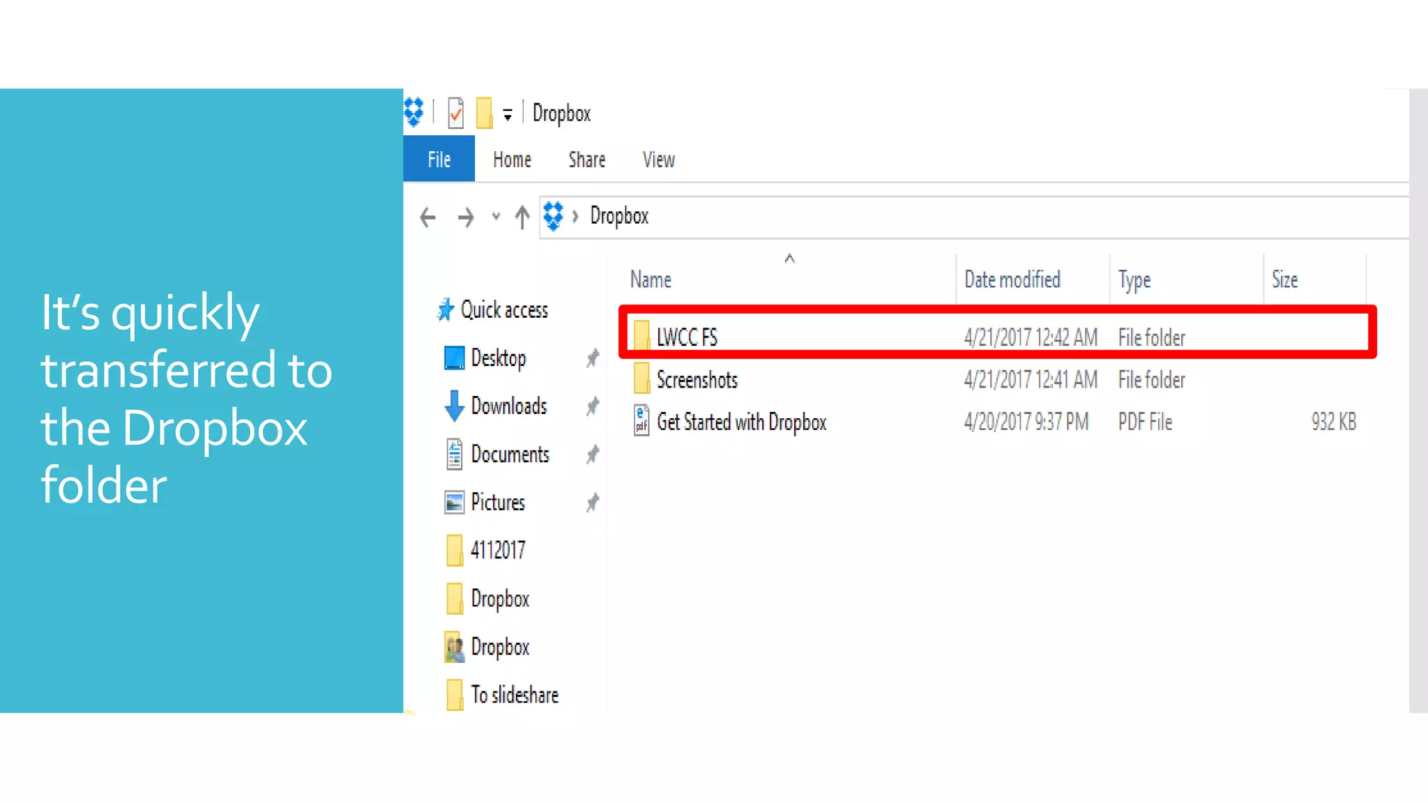 It’s quickly
transferred to
the Dropbox
folder
 