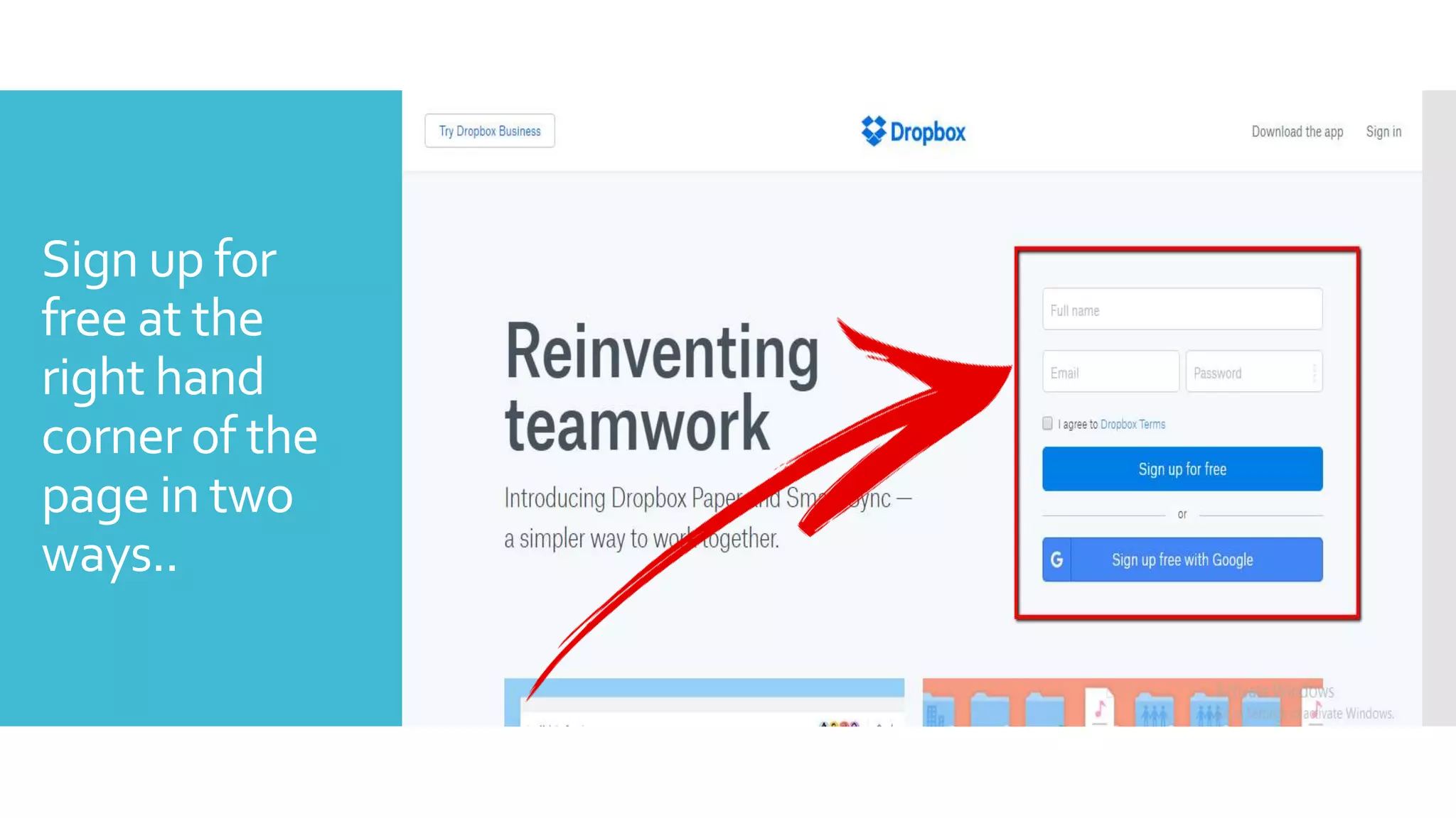 Sign up for
free at the
right hand
corner of the
page in two
ways..
 