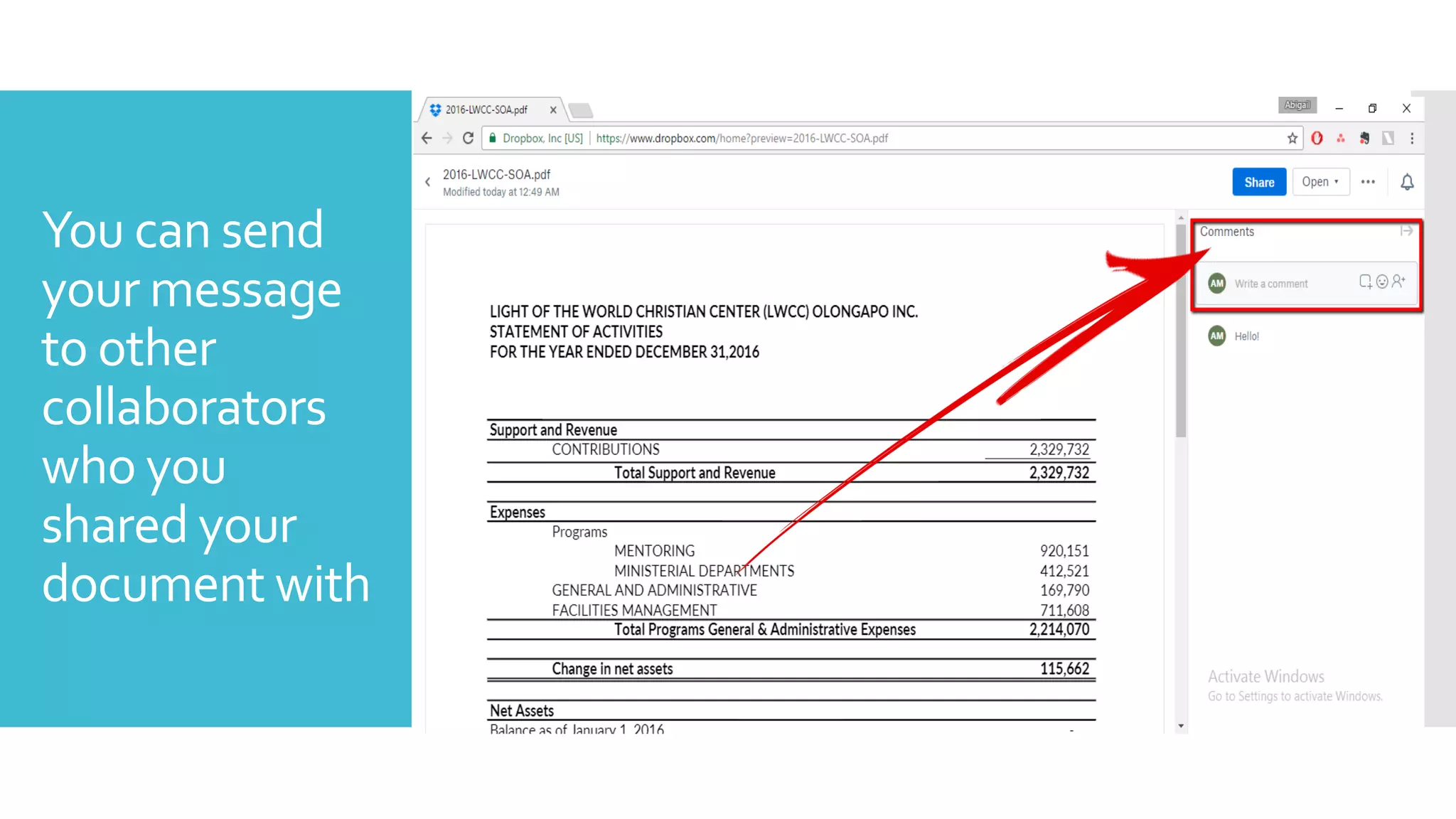You can send
your message
to other
collaborators
who you
shared your
document with
 