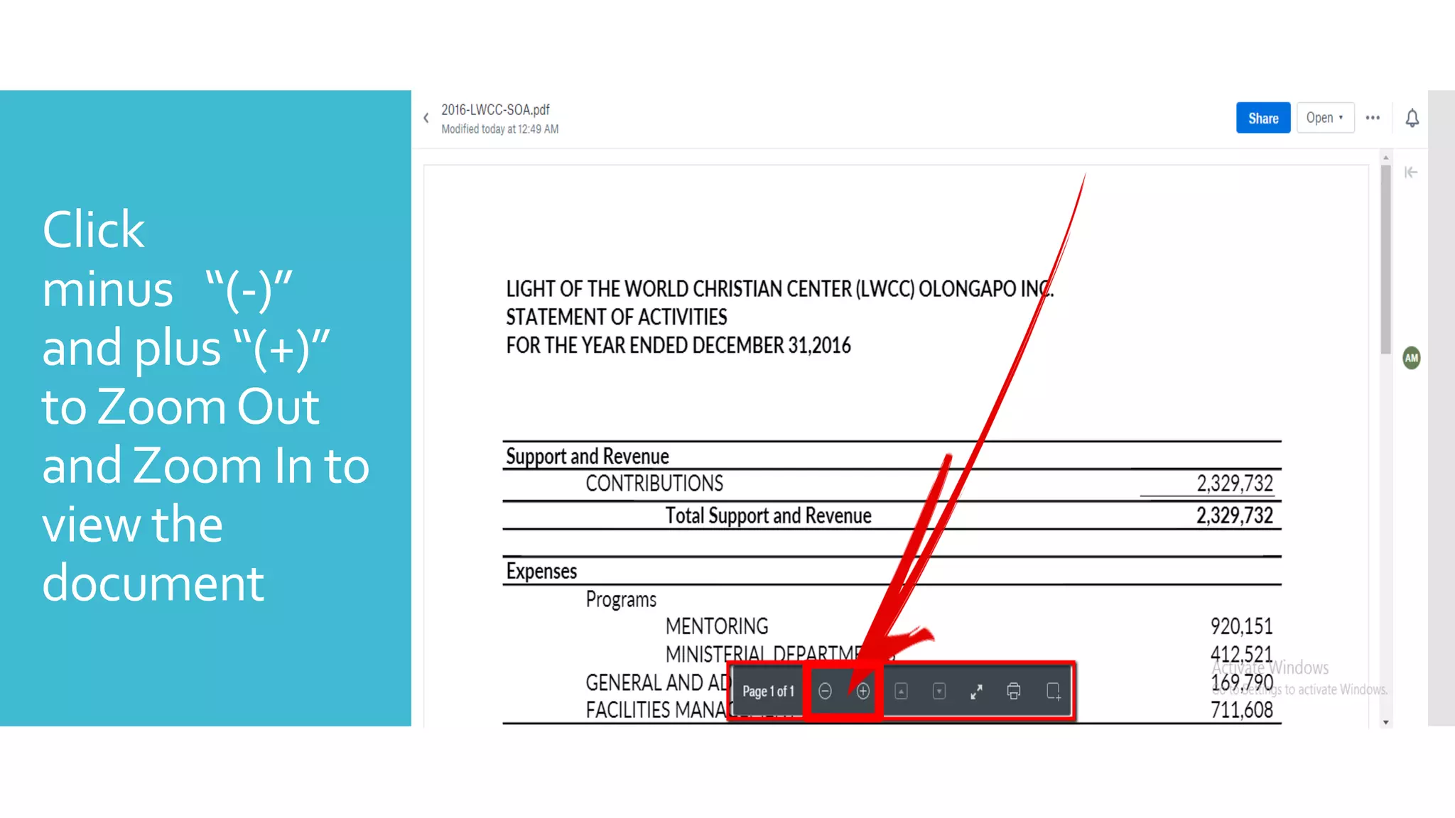 Click
minus “(-)”
and plus “(+)”
toZoomOut
andZoom In to
view the
document
 