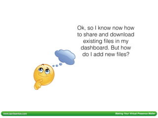 www.aprilsantos.com Making Your Virtual Presence Matter
Ok, so I know now how
to share and download
existing ﬁles in my
dashboard. But how
do I add new ﬁles?
 