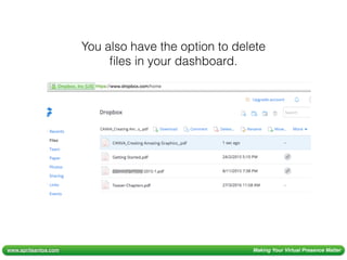 www.aprilsantos.com Making Your Virtual Presence Matter
You also have the option to delete
ﬁles in your dashboard.
 