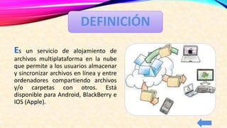 DEFINICIÓN
Es

un servicio de alojamiento de
archivos multiplataforma en la nube
que permite a los usuarios almacenar
y sincronizar archivos en línea y entre
ordenadores compartiendo archivos
y/o carpetas con otros. Está
disponible para Android, BlackBerry e
IOS (Apple).

 