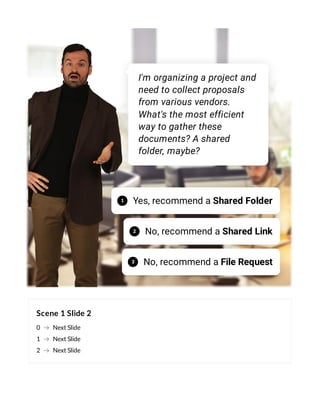 Scene 1 Slide 2
0 Next Slide
1 Next Slide
2 Next Slide
I'm organizing a project and
need to collect proposals
from various vendors.
What's the most efficient
way to gather these
documents? A shared
folder, maybe?
Yes, recommend a Shared Folder
1
No, recommend a Shared Link
2
No, recommend a File Request
3
 