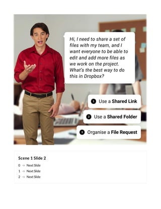 Scene 1 Slide 2
0 Next Slide
1 Next Slide
2 Next Slide
Hi, I need to share a set of
files with my team, and I
want everyone to be able to
edit and add more files as
we work on the project.
What’s the best way to do
this in Dropbox?
Use a Shared Link
1
Use a Shared Folder
2
Organise a File Request
3
 