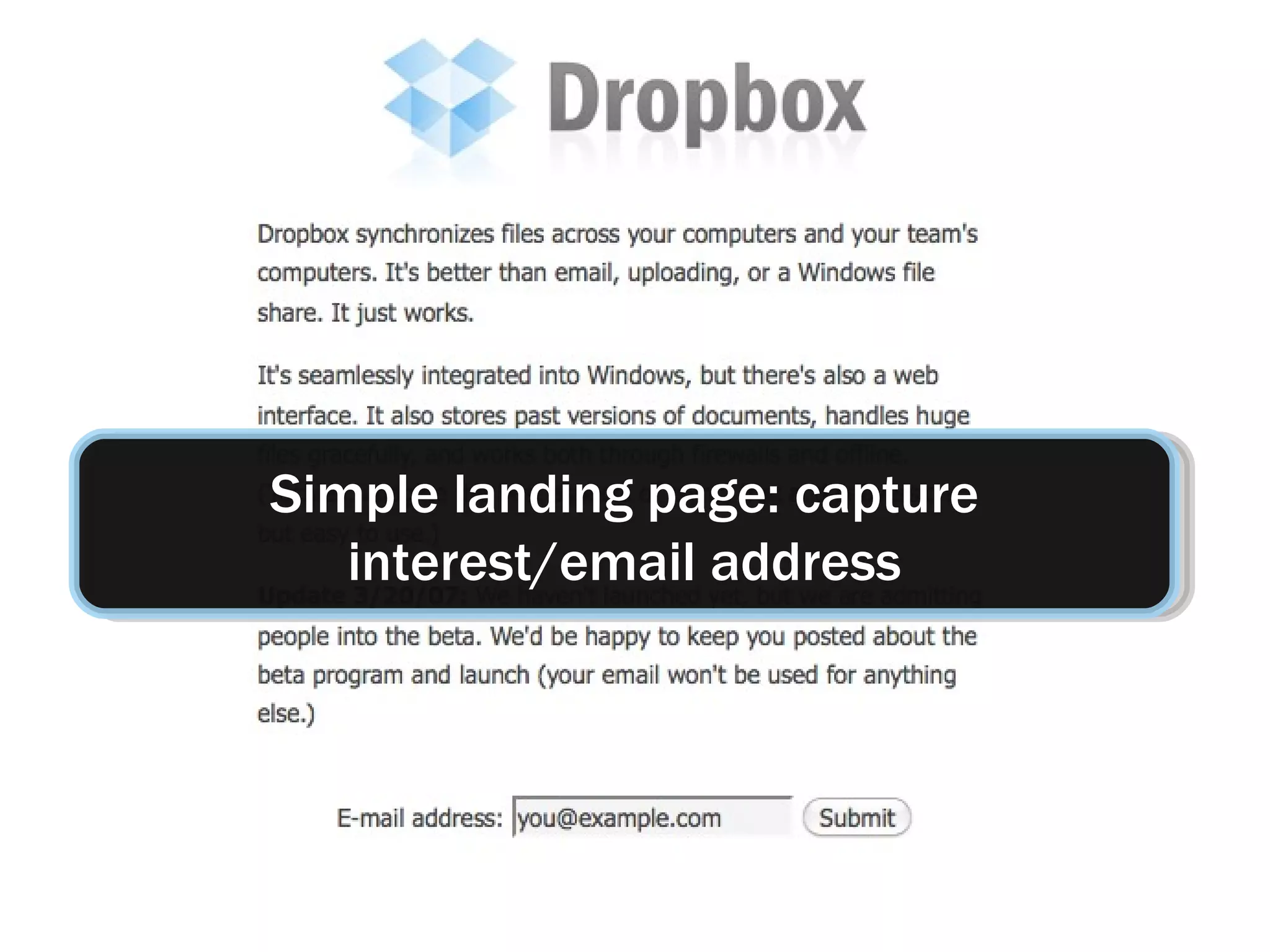 Simple landing page: capture interest/email address 