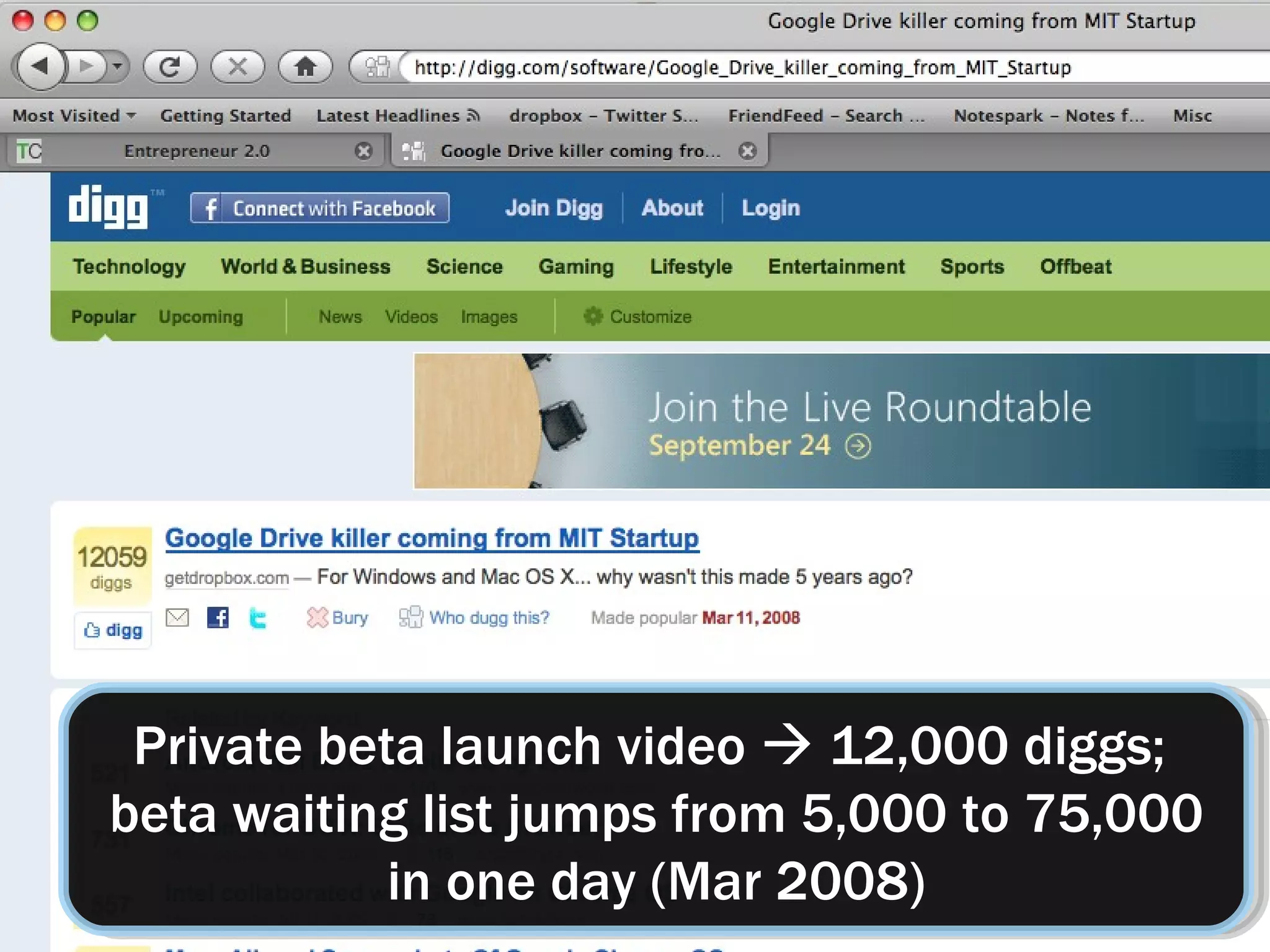 Private beta launch video    12,000 diggs;  beta waiting list jumps from 5,000 to 75,000 in one day (Mar 2008) 