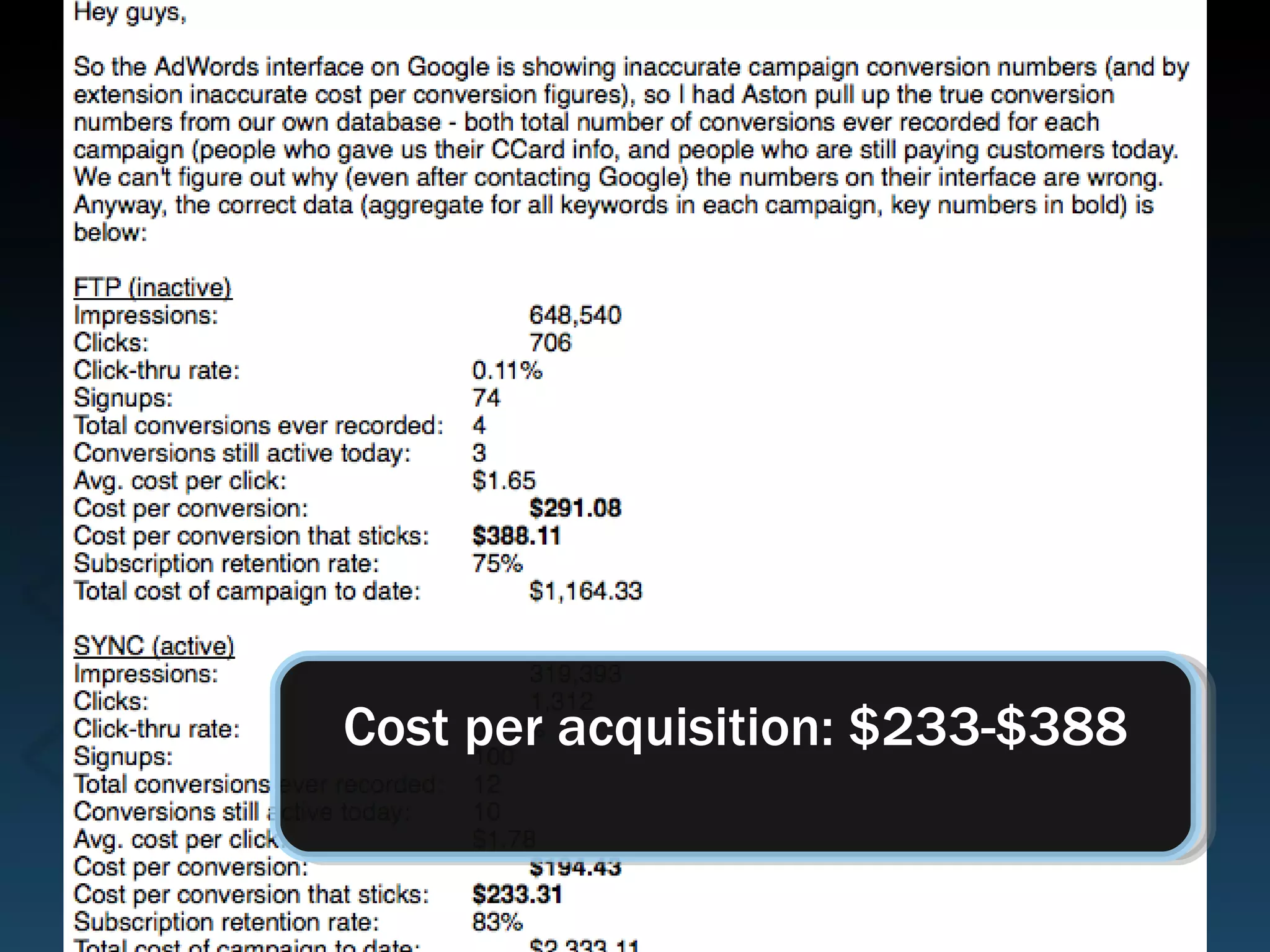 Cost per acquisition: $233-$388 